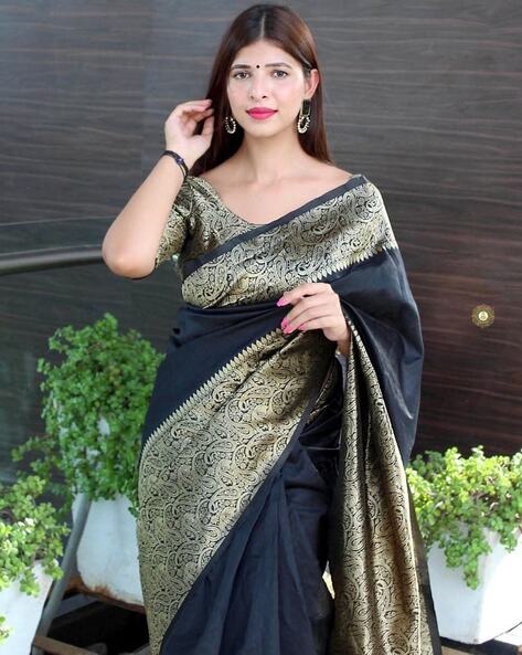 Black Silk Saree Yellow Saree Indian Wedding Saree South Indian Saree Saree  With Stitched Blouse Kanjivaram Saree Saree USA - Etsy