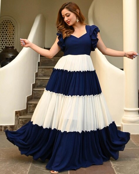 Blue Embroidered Georgette Partywear Gown