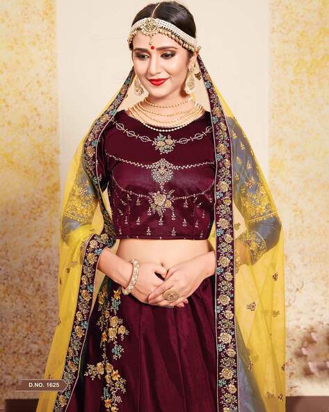 Maroon Sequins Embellished Lehenga Choli & Dupatta 2465LG03