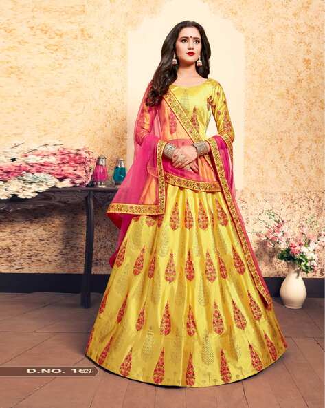 Vibrant Pink-yellow Coloured Georgette Lehenga at 15668.80 INR in Mumbai |  Suvidha Fashion