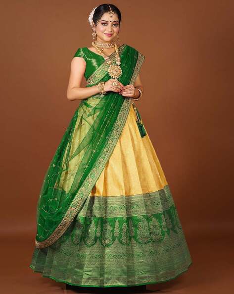 Buy Yellow N Green Off Shoulder Style Lehenga Wedding Wear Online at Best  Price | Cbazaar