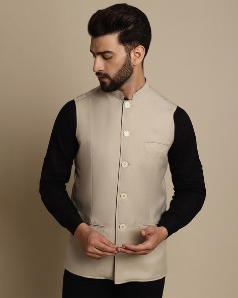 Solid Color Asymmetric Cotton Nehru Jacket in Beige : MLC2039