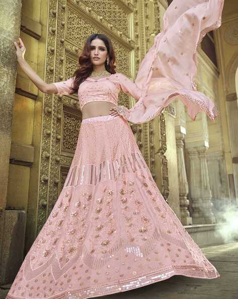 Peach Peachy Pink Lehenga by HER CLOSET for rent online | FLYROBE