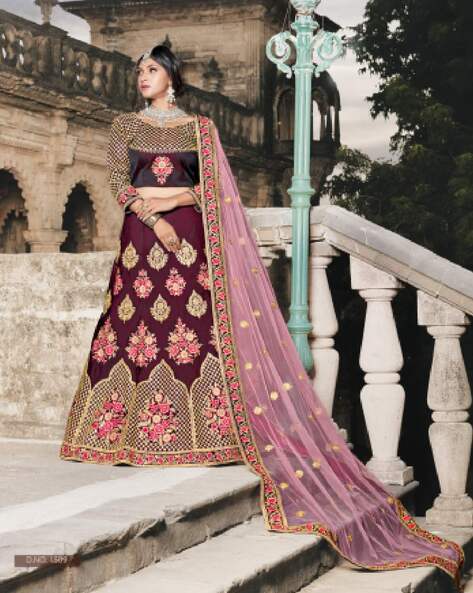 Wine Purple Embroidered Semi Stitched Lehenga and Unstitched Blouse With  Dupatta - ShopGarb - 4223547