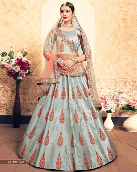 ASH GREY LEHENGA SET WITH A COLOURED EMBROIDERED BLOUSE AND BUTI WORK SKIRT  PAIRED WITH A MATCHING DUPATTA AND GOLD EMBELLISHMENTS. - Seasons India