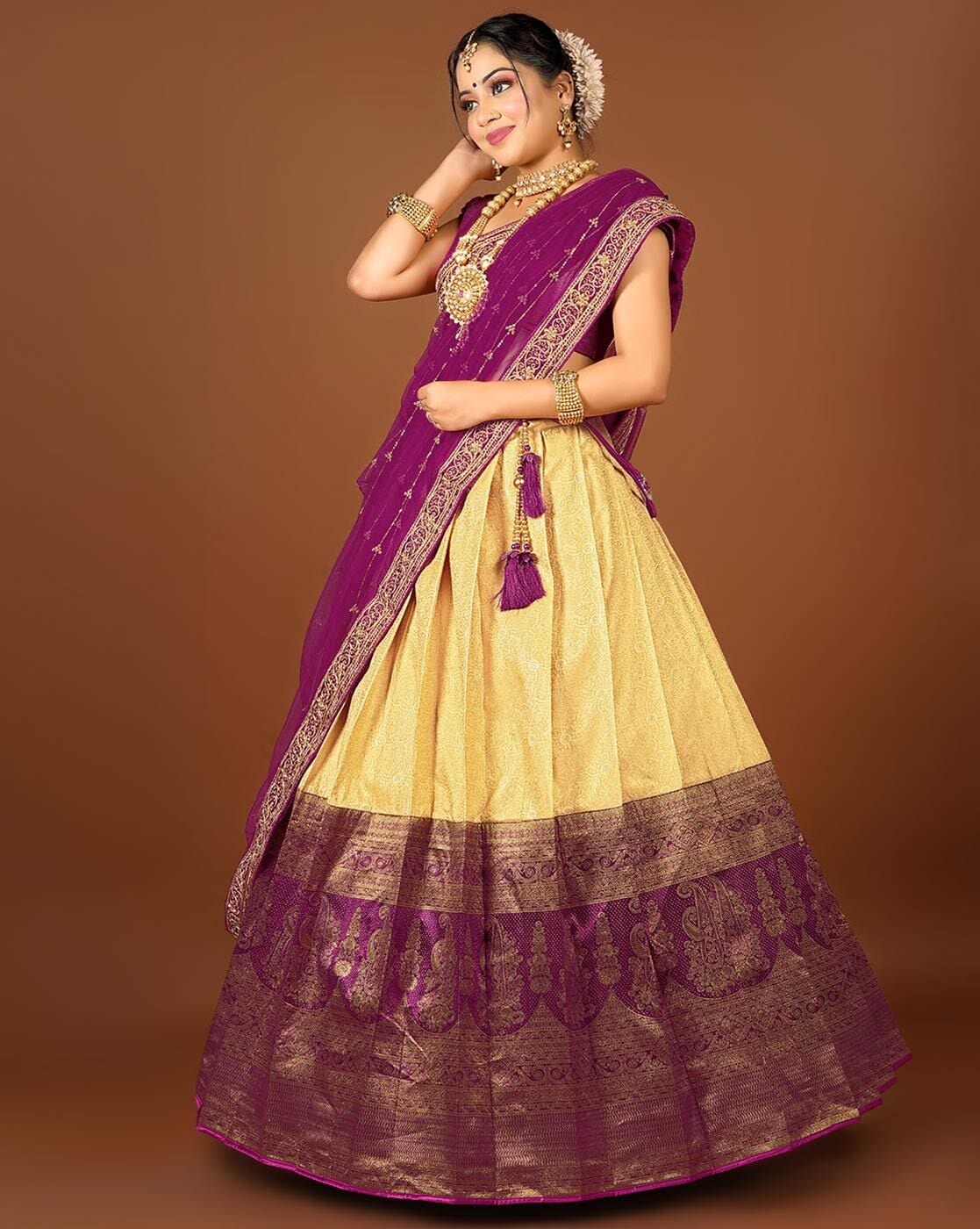 Yellow and Purple Silk Lehenga