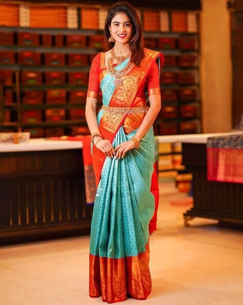 Buy Orange and blue silk designer party wear saree in UK, USA and Canada