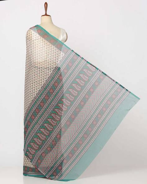 Silk blend printed saree with contrast border and pallu print, 6.3m with running blouse, 6 color options