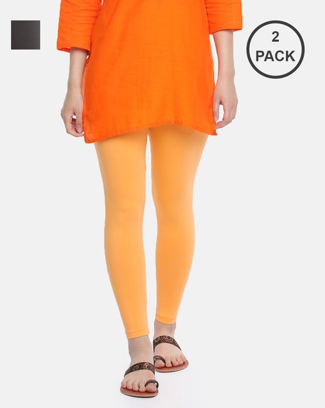 Women Solid Orange Ankle Length Leggings