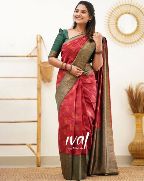 New Modern Soft Silk Sarees Red with Contrast Blouse