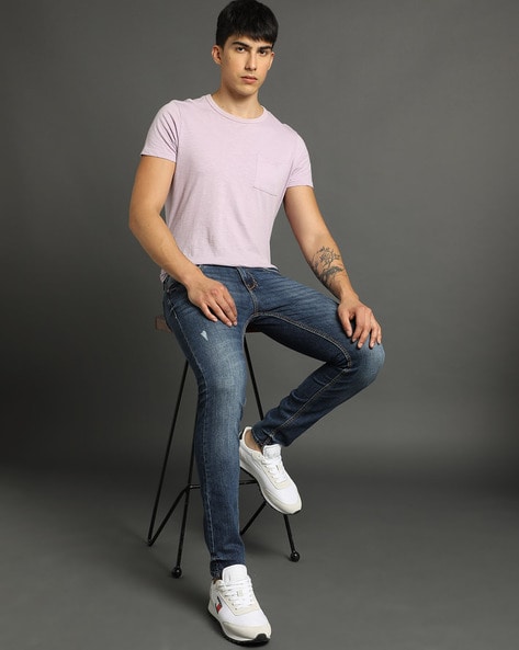Lightly Washed Distressed Skinny Fit Jeans