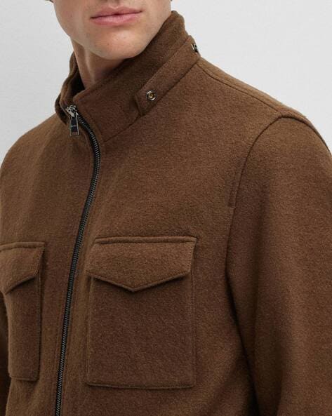 BOSS Jacket with Monogram Print Detachable Hood For Men (Brown, XS)