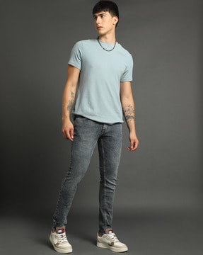 Mid-Wash Low-Rise Skinny Fit Narrow Leg Jeans