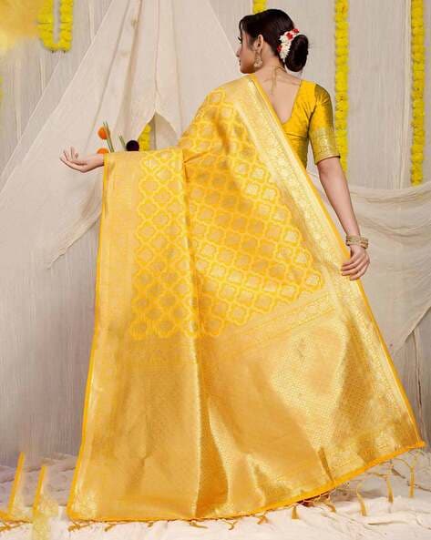 Suncrest Yellow Banarasi Organza Saree – Monamaar