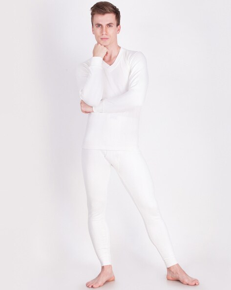 Men's Soft Touch Microfiber Elastane Stretch Thermal Long Johns with Stay  Warm Technology - White