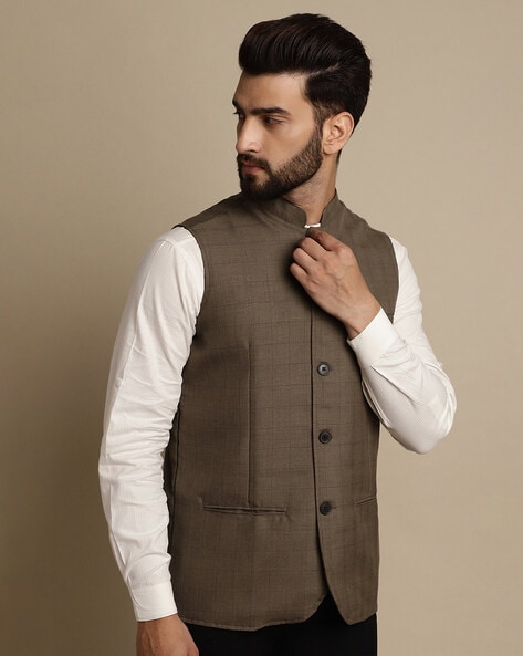 Black Mens Nehru Jacket with Multi-Colored Chinar Style Embroidery Work |  Angad Creations