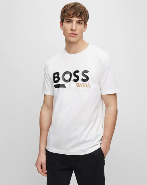 Tシャツ・カットソー BOSS Mercerised-cotton T-shirt in a regular fit BOSS - Mercerized-cotton T-shirt with two-tone jacquard - Black
