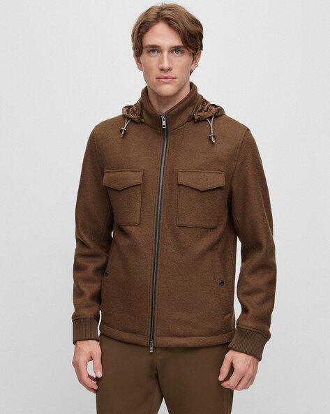 BOSS Jacket with Monogram Print Detachable Hood For Men (Brown, XS)
