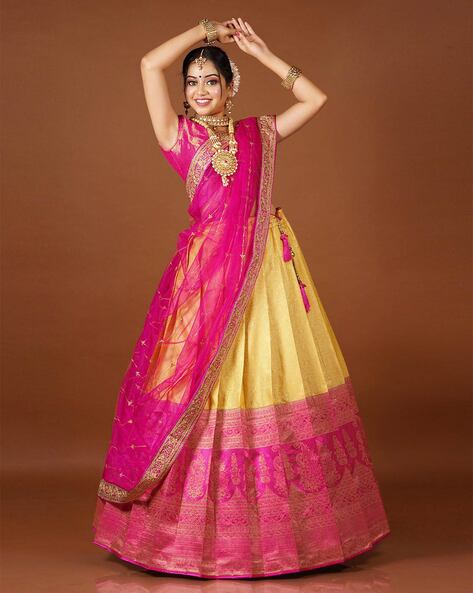 Buy online Yellow And Pink Embellished Lehenga Saree from ethnic wear for  Women by Mahotsav for ₹12369 at 0% off | 2024 Limeroad.com