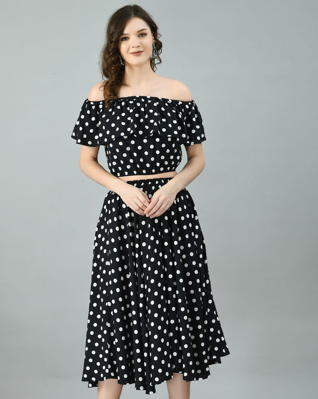 black and white polka dot off the shoulder top