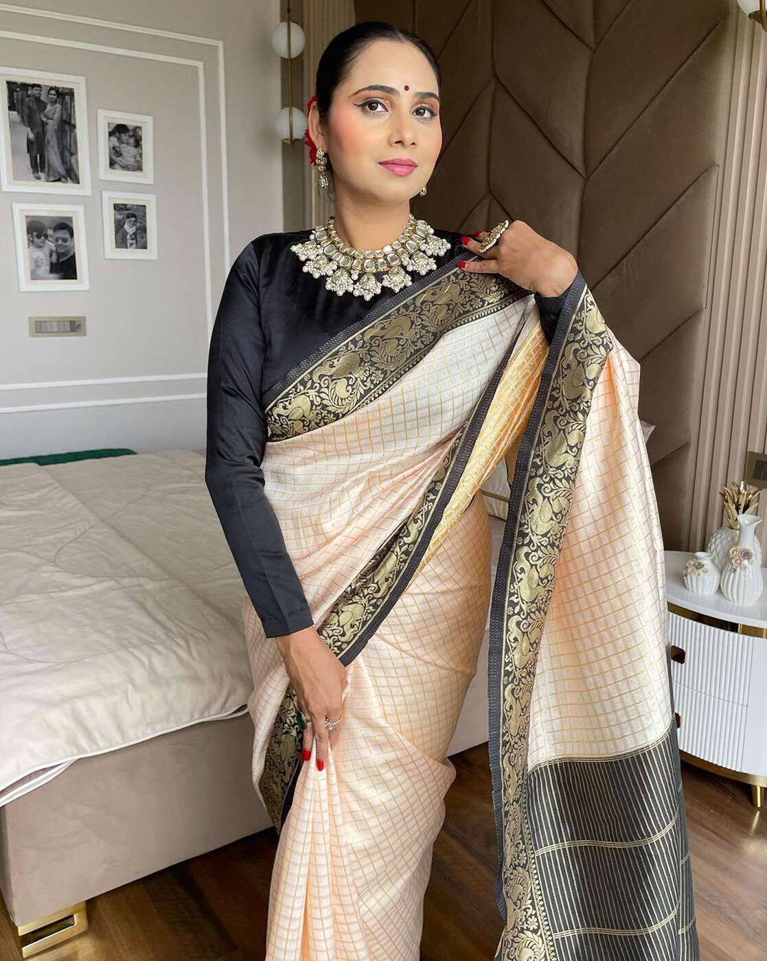 Classy combination of cream and grey PURE TUSSAR SILK saree with designer  block print. Saree comes with contrast grey colour plain blous... |  Instagram