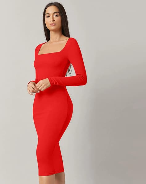 Red Square Neck Red Straight Neck Bodycon Dress Red Square Neck Bodycon Maxi Dress