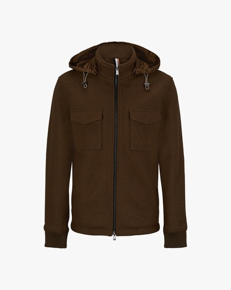 BOSS Jacket with Monogram Print Detachable Hood For Men (Brown, XS)