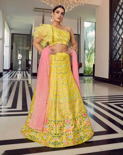 New Girls Yellow Lehenga Design with Pink Blouse | Designer outfits woman,  Lehenga designs, Yellow lehenga