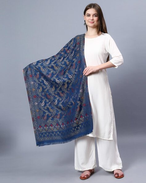 Floral Print Stole with Fringed Border Price in India