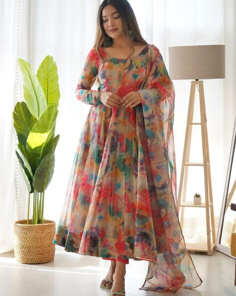 Printed Anarkali Kurta Set with Dupatta & Belt