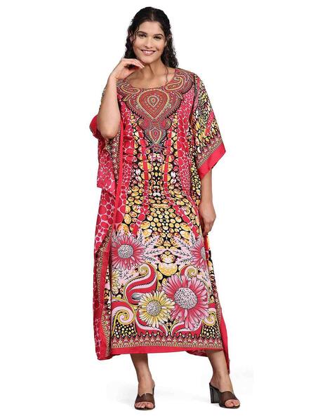 Buy Teal Satin Kalamkari Print Kaftan with Tasselled Waist Tie-Up Online at  Soch India