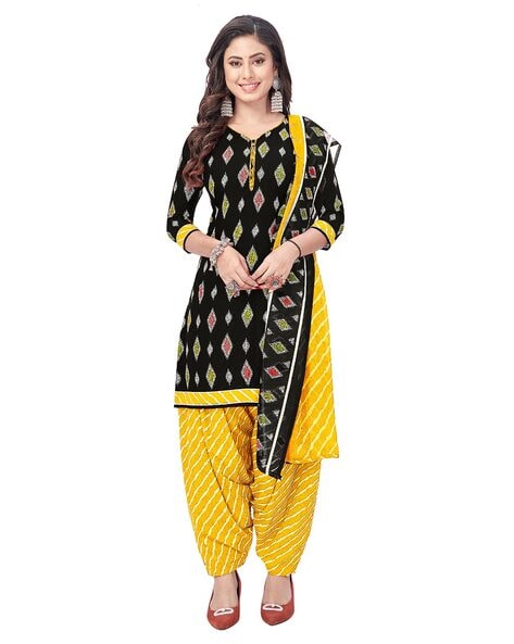 Geometric Print 3-Piece Unstitched Dress Material Price in India