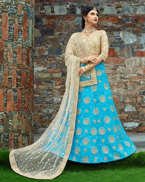 Buy Blue and White Floral Embroidered Designer Lehenga Online in USA – Pure  Elegance