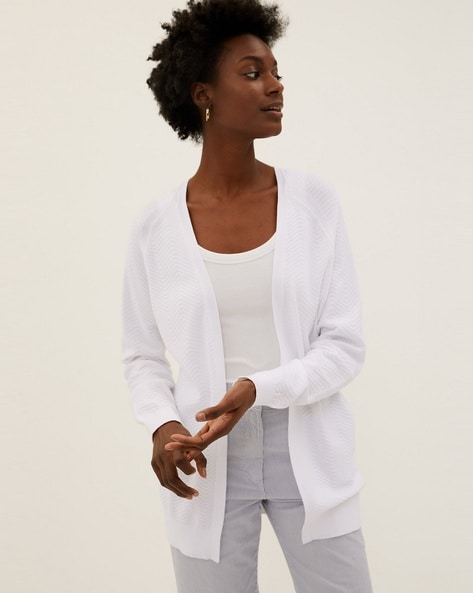 Buy NoBarr Women's Rib-Knit Open Front Buttons Closure White Cardigan at