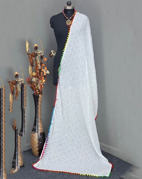Embroidered Dupatta with Pom-Pom Accent Price in India