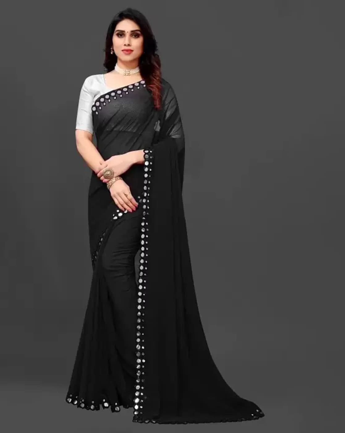 FC - Decent Black Colored Georgette Plain Saree with Jaquard Blouse