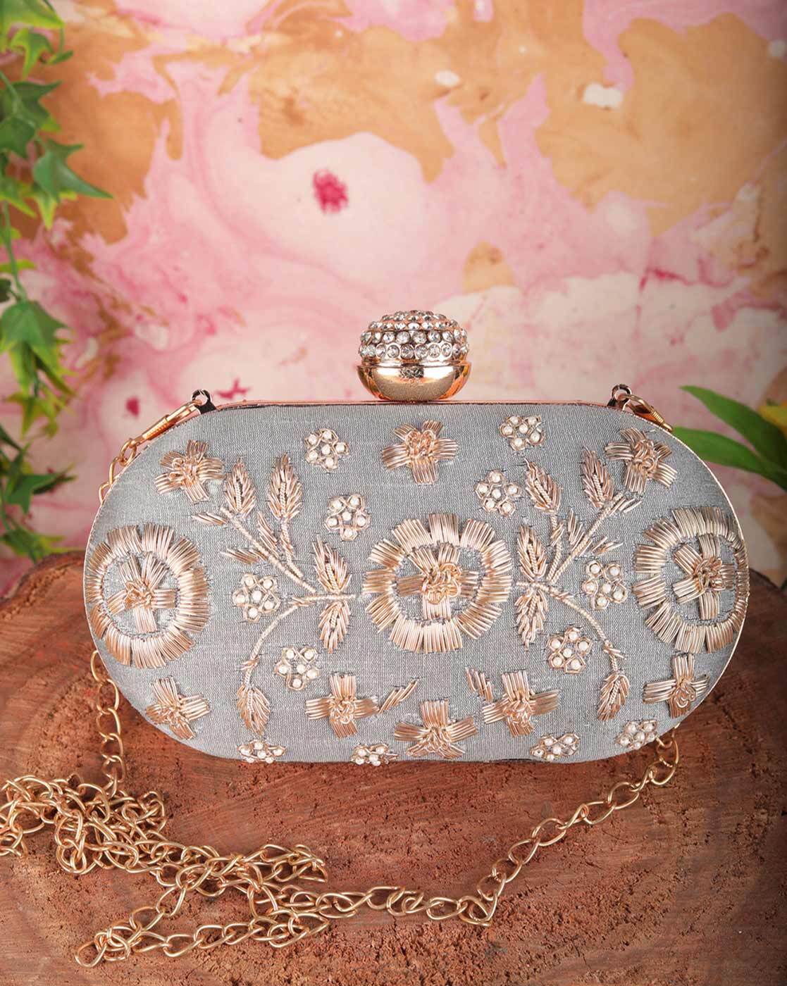 Shoomi bags Beautiful Bling Box Clutch Grey Bag Purse For Bridal, Casual,  Party, Wedding : Amazon.in: Fashion