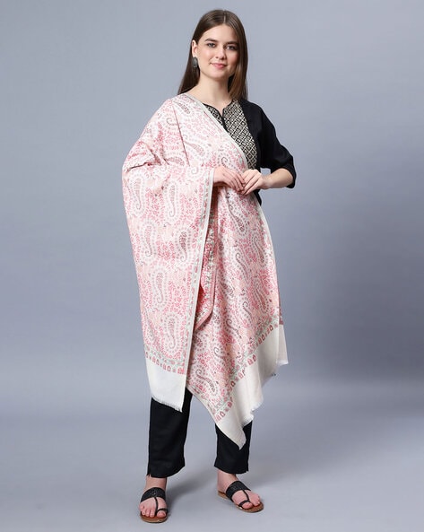 Women Floral Woven Stole with Frayed Hem Price in India