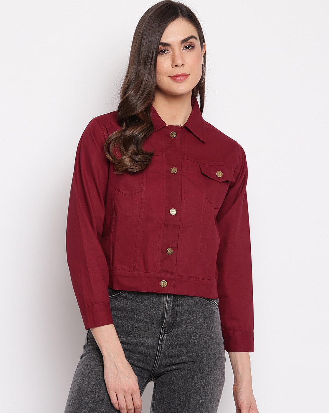 Unique Bargains Women's Long Sleeve Button Down Trucker Jean Denim Jacket M  Burgundy - Walmart.com