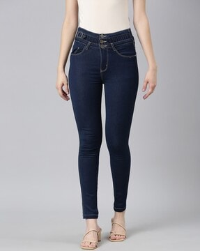 Buy Women Dark Blue V-shape Waist Denim Bootcut Jegging - Global Republic