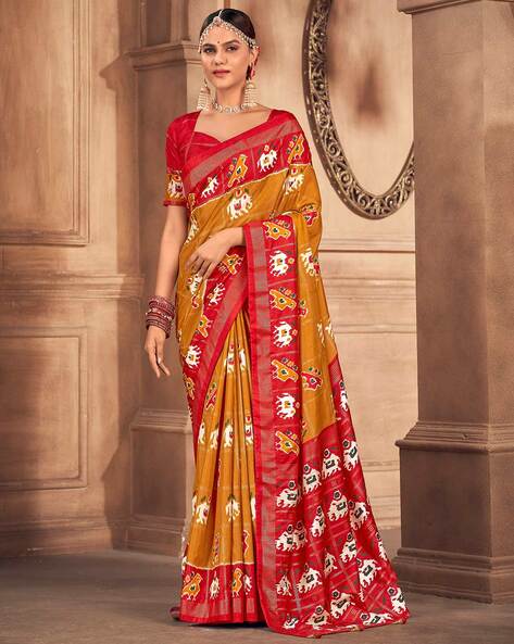 Yellow & Red Silk Hand Embroidered Shaded Banarasi Saree Set Design by  Geroo Jaipur at Pernia's Pop Up Shop 2024