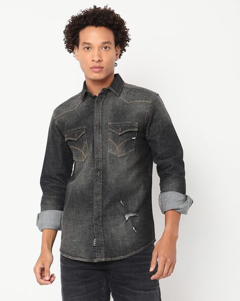 Kut From The Kloth Distressed Denim Shirt Jacket in Blue | Lyst