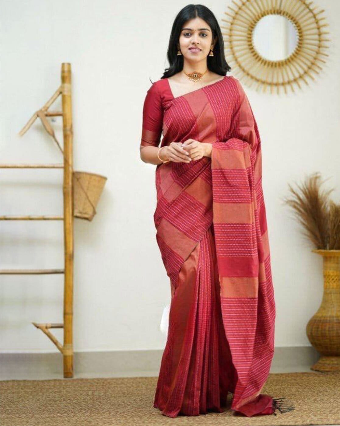 Brown Banarasi Silk Saree with Contrast Unstitched Blouse – Seasons Chennai