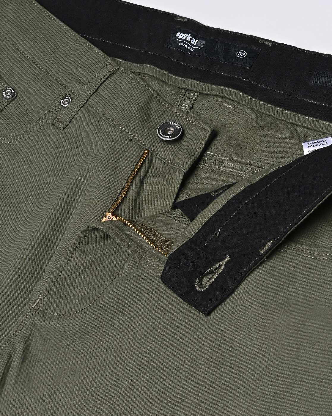 Spykar Olive Green Cotton Slim Fit Tapered Length Trousers For Men