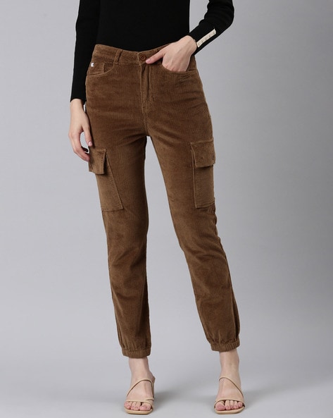 Buy Floerns Women's High Waist Flap Pocket Zipper Corduroy Cargo Pants,  Camel, Small at Amazon.in