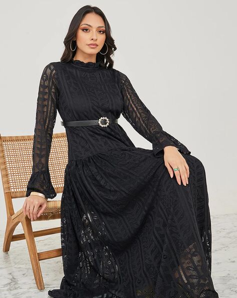 Contrast Lace Pleated Dress Elegant Solid 3/4 Sleeve Party - Temu