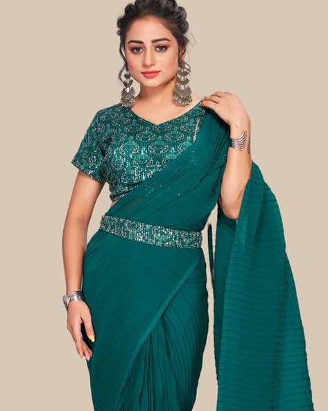 Pure Georgette Crush Pleated Saree With Heavy Designer Blouse – Tulsi  Designer