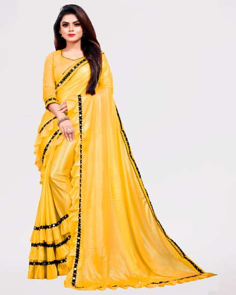 Yellow Mirror and Cutdana Work Saree in Organza Tissue - PSAED1891...