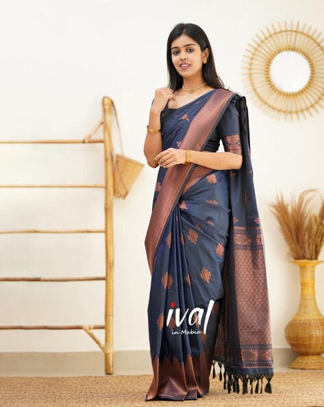 Navy Blue Cotton Blend Handwoven Saree With Jamdani Border - Charukriti -  4210466