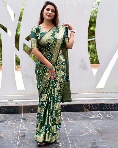 GREEN Soft Silk Saree with Yellow Designer Blouse for Indian Weddings | TST  | The Silk Trend